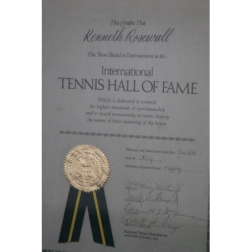 1315 - Framed award for the International Tennis Hall Of Fame. Approx 35cm x 24cm. Provenance: Ken Rosewall... 