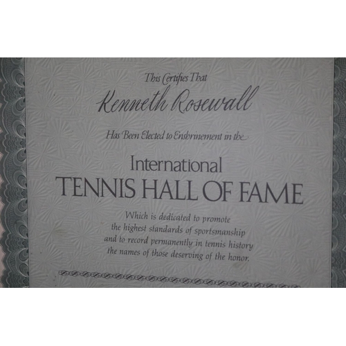 1315 - Framed award for the International Tennis Hall Of Fame. Approx 35cm x 24cm. Provenance: Ken Rosewall... 