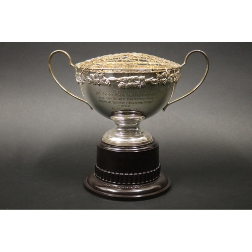 1116 - Twin handled tennis trophy. Inscribed, REPLICA OF THE BEECHAM TOURNAMENT FOR THE WORLD PROFESSIONAL ... 