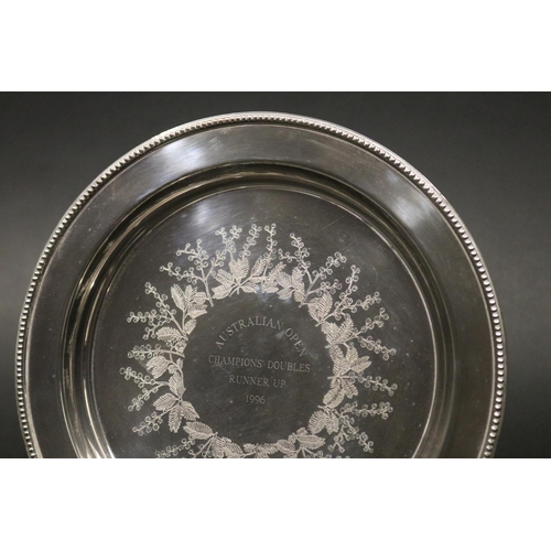 1294 - Tennis trophy. Inscribed, AUSTRALIAN OPEN CHAMPIONS' DOUBLES RUNNER UP 1996. EPNS. Approx 22cm Dia. ... 