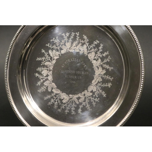 1294 - Tennis trophy. Inscribed, AUSTRALIAN OPEN CHAMPIONS' DOUBLES RUNNER UP 1996. EPNS. Approx 22cm Dia. ... 