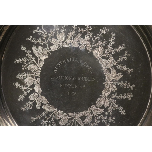 1294 - Tennis trophy. Inscribed, AUSTRALIAN OPEN CHAMPIONS' DOUBLES RUNNER UP 1996. EPNS. Approx 22cm Dia. ... 