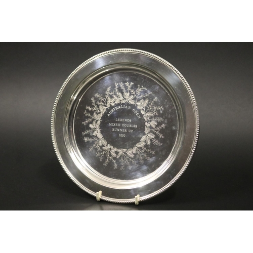 1312 - Tennis trophy tray, inscribed AUSTRALIAN OPEN LEGENDS MIXED DOUBLES RUNNER UP 2000. Approx 22cm Dia.... 