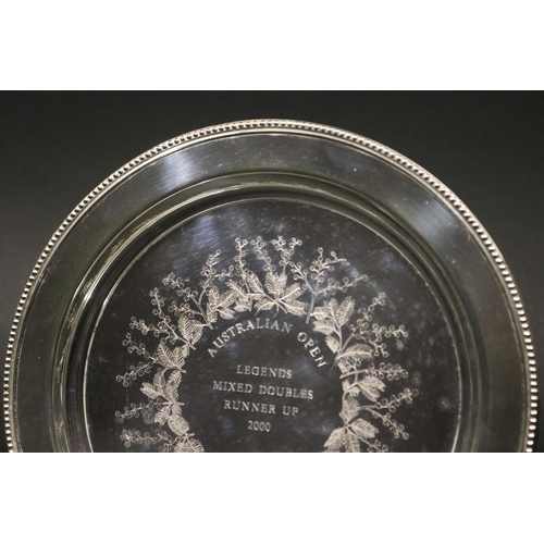 1312 - Tennis trophy tray, inscribed AUSTRALIAN OPEN LEGENDS MIXED DOUBLES RUNNER UP 2000. Approx 22cm Dia.... 