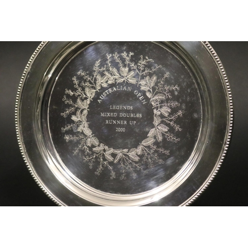 1312 - Tennis trophy tray, inscribed AUSTRALIAN OPEN LEGENDS MIXED DOUBLES RUNNER UP 2000. Approx 22cm Dia.... 