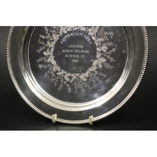 1312 - Tennis trophy tray, inscribed AUSTRALIAN OPEN LEGENDS MIXED DOUBLES RUNNER UP 2000. Approx 22cm Dia.... 