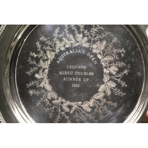 1312 - Tennis trophy tray, inscribed AUSTRALIAN OPEN LEGENDS MIXED DOUBLES RUNNER UP 2000. Approx 22cm Dia.... 