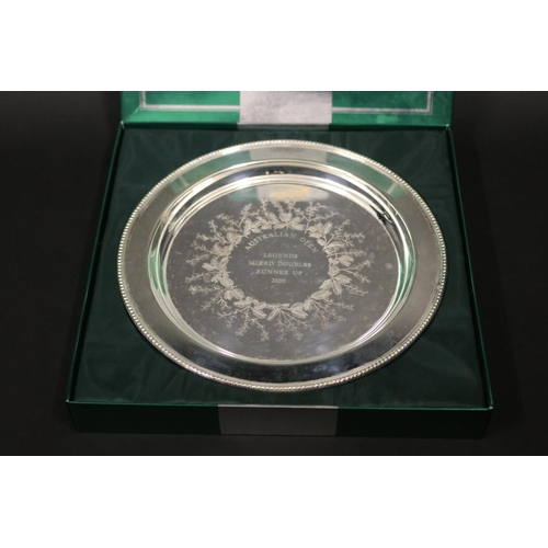 1312 - Tennis trophy tray, inscribed AUSTRALIAN OPEN LEGENDS MIXED DOUBLES RUNNER UP 2000. Approx 22cm Dia.... 