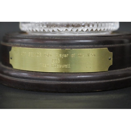 1354 - Cut crystal award, marked ATP Tour., standing on plateau, plaque reads Ken Rosewall ATP Senior Tour ... 