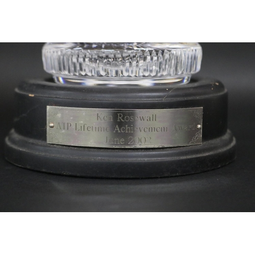 1356 - Cut crystal award, marked ATP Tour., standing on plateau, plaque reads Ken Rosewall ATP Lifetime Ach... 