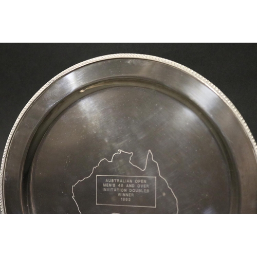 1295 - Tennis trophy. Inscribed, AUSTRALIAN OPEN MEN'S 45 AND OVER INVITATION DOUBLES WINNER 1992. Approx 3... 