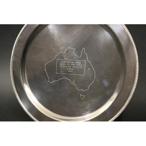 1295 - Tennis trophy. Inscribed, AUSTRALIAN OPEN MEN'S 45 AND OVER INVITATION DOUBLES WINNER 1992. Approx 3... 