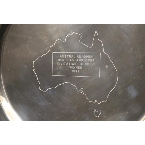 1295 - Tennis trophy. Inscribed, AUSTRALIAN OPEN MEN'S 45 AND OVER INVITATION DOUBLES WINNER 1992. Approx 3... 