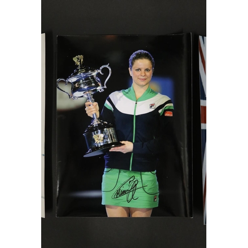 1393 - Three signed Kim Clijsters coloured photographs of The Australain Open Cup and Kim with her Babolat ... 