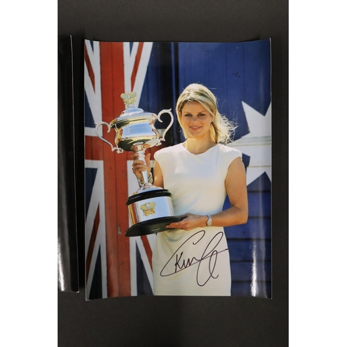 1393 - Three signed Kim Clijsters coloured photographs of The Australain Open Cup and Kim with her Babolat ... 