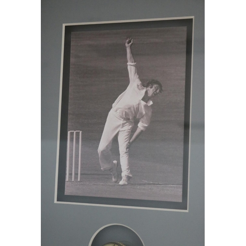1403 - Signed cricket ball framed, Jeff Thomson. Approx 78cm x 40cm. Provenance: Ken Rosewall Collection
