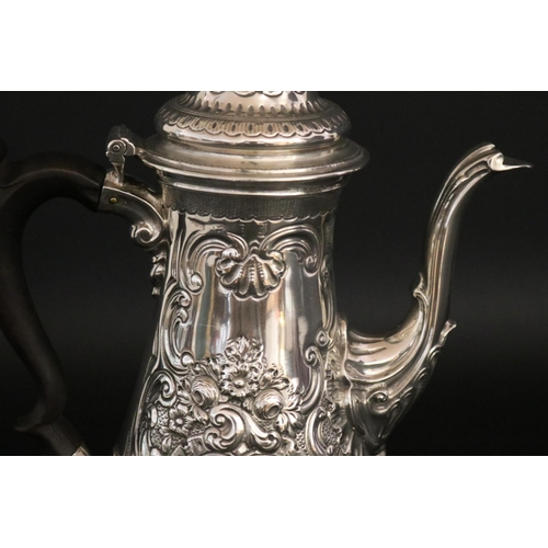 74 - Antique George III hallmarked sterling silver coffee pot by William Grundy London 1764, later chasin... 