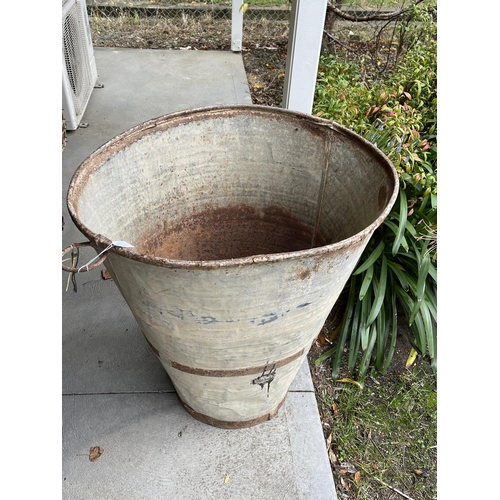 192 - Large antique metal grape pickers basket, approx 85 cm high