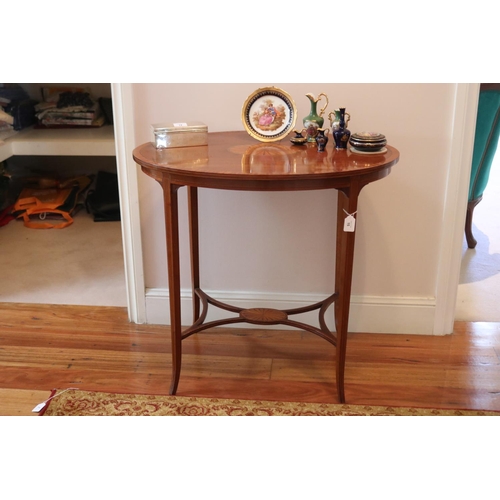 494 - Fine antique Edwardian oval inlaid side table, stretchers below, approx 72cm H x 76cm W