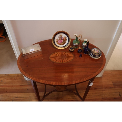 494 - Fine antique Edwardian oval inlaid side table, stretchers below, approx 72cm H x 76cm W