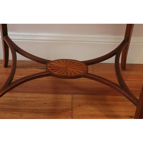 494 - Fine antique Edwardian oval inlaid side table, stretchers below, approx 72cm H x 76cm W