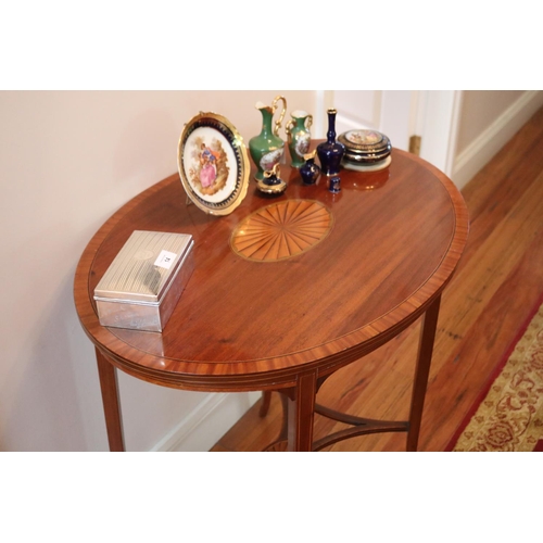 494 - Fine antique Edwardian oval inlaid side table, stretchers below, approx 72cm H x 76cm W
