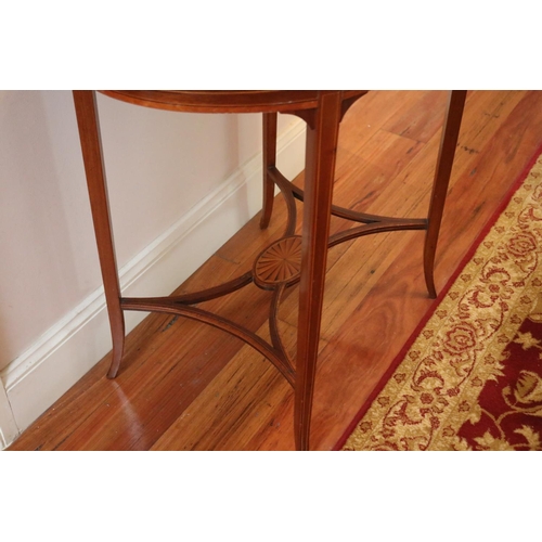 494 - Fine antique Edwardian oval inlaid side table, stretchers below, approx 72cm H x 76cm W