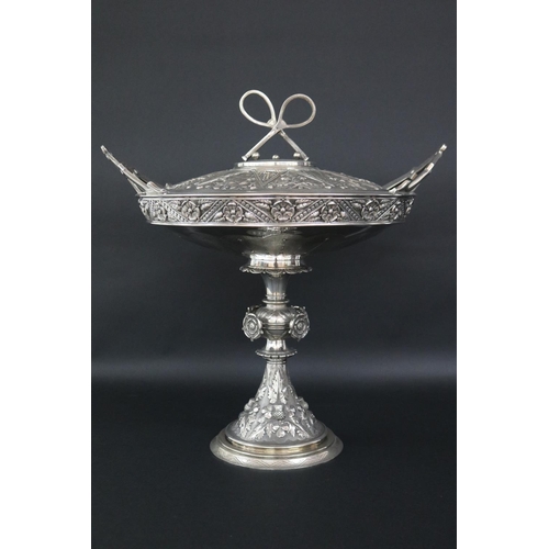 Antique English Hallmarked Sterling silver Victorian tureen having a star burst patterned lid with two crossed tennis racquets and three surrounding balls finial, above ten panels showing alternating raised patterns of Scotch thistles and Welsh sessile oaks, approx 44cm H x 43cm W and approx 4300grams