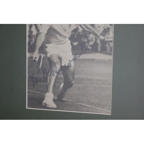 1358 - Framed photograph of Ken Rosewall at Wimbledon 1953 with a racquet used in the 1980's-90's, frame ap... 