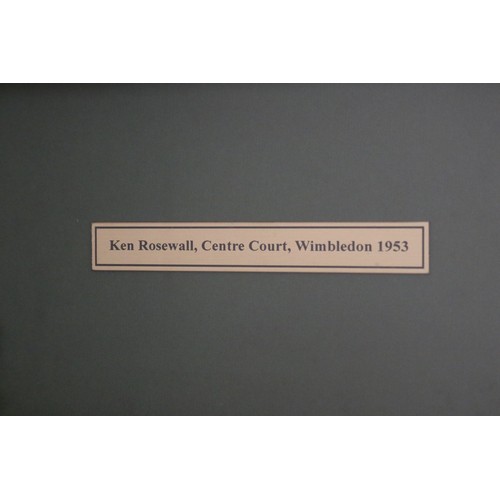 1358 - Framed photograph of Ken Rosewall at Wimbledon 1953 with a racquet used in the 1980's-90's, frame ap... 