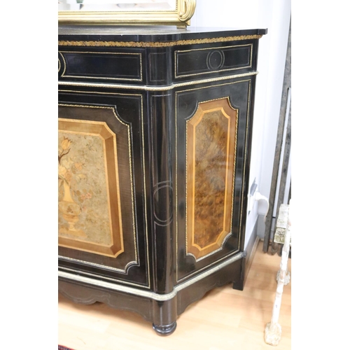 3 - Fine French ebonized canted side credenza, with floral marquetry inlaid panels, single drawer above,... 