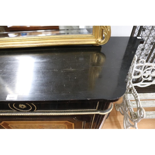 3 - Fine French ebonized canted side credenza, with floral marquetry inlaid panels, single drawer above,... 