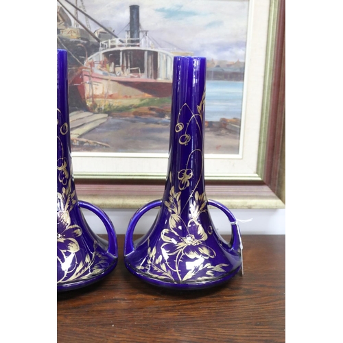 11 - Pair of French cobalt blue porcelain twin handled vases with gilt highlights, each approx 35cm H (2)