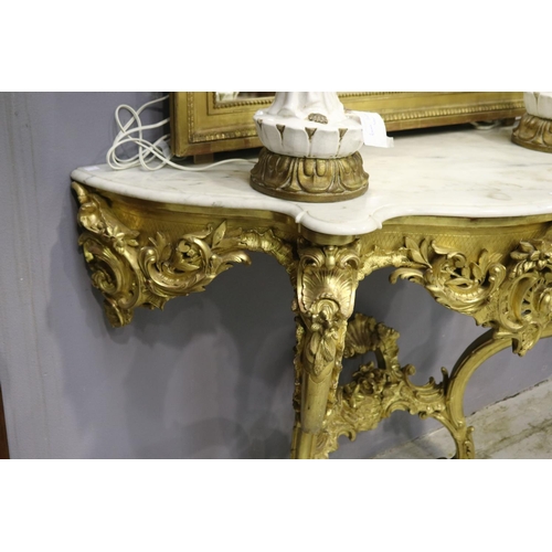 20 - Elaborate French Louis XV style marble topped, gilt console, approx 92cm H x 127cm W x 53cm D