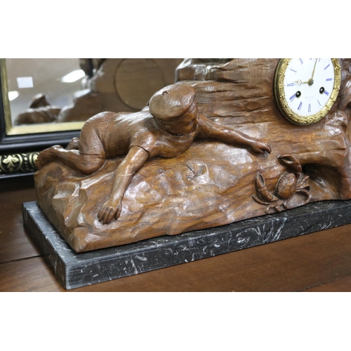 54 - Antique French carved solid wood figural mantle clock with a seaside motif, movement marked Bellevil... 