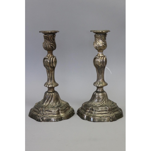 64 - Pair of heavy antique French silvered candlesticks, each approx 27cm H (2)