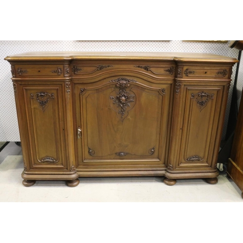 66 - Antique French inverted breakfront buffet, carved in low relief, two drawer and three doors below, a... 