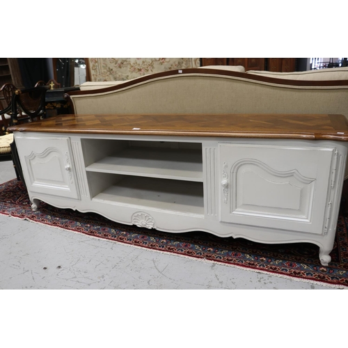 84 - Modern French style entertainment unit, with white  painted frame & parquetry top, purchased through... 