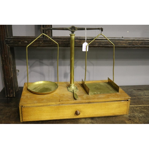 102 - Antique French brass balance beam scales, with single drawer cabinet base (some weights in drawer), ... 
