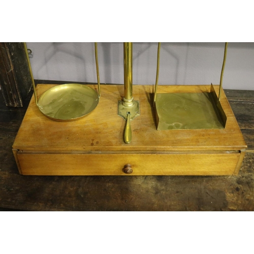 102 - Antique French brass balance beam scales, with single drawer cabinet base (some weights in drawer), ... 