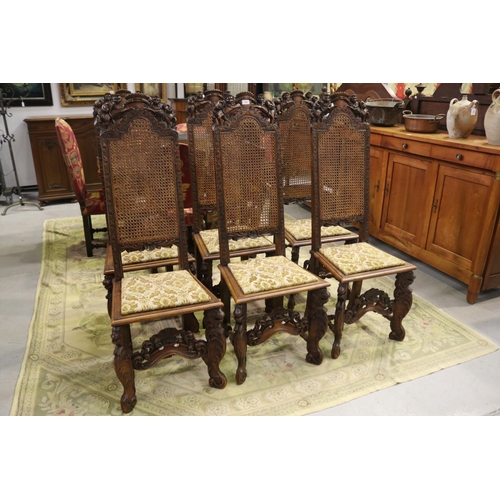 105 - Set of six imposing antique Flemish period revival high back chairs, pierced carved backs with a cen... 