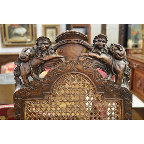 105 - Set of six imposing antique Flemish period revival high back chairs, pierced carved backs with a cen... 