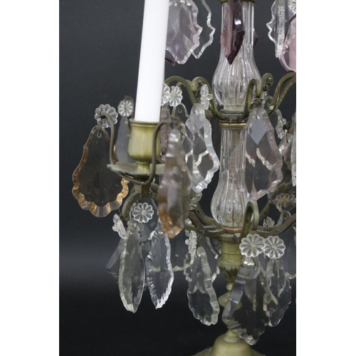 141 - Decorative French four stick girandole with drop lustres, approx 54cm H x 32cm W