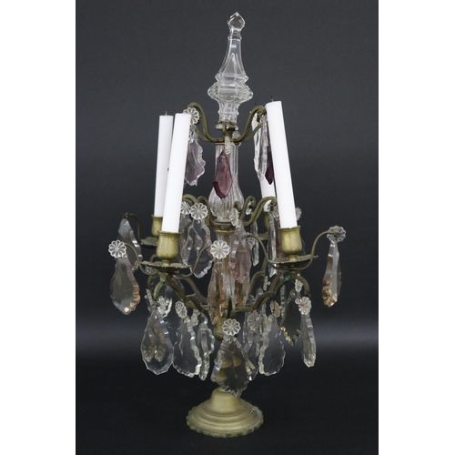 141 - Decorative French four stick girandole with drop lustres, approx 54cm H x 32cm W