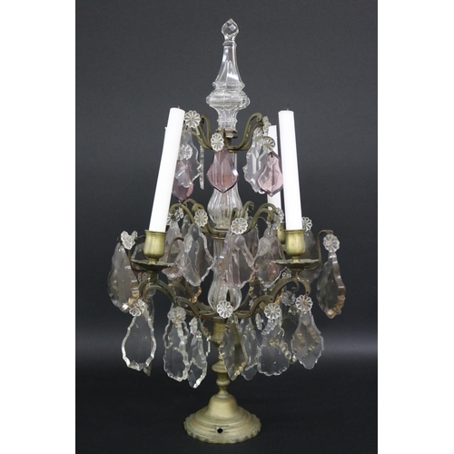 141 - Decorative French four stick girandole with drop lustres, approx 54cm H x 32cm W