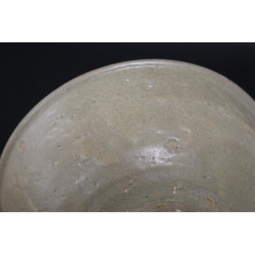 69 - Early antique Chinese celadon glazed lotus bowl, approx 6.5cm H x 17.5cm Dia