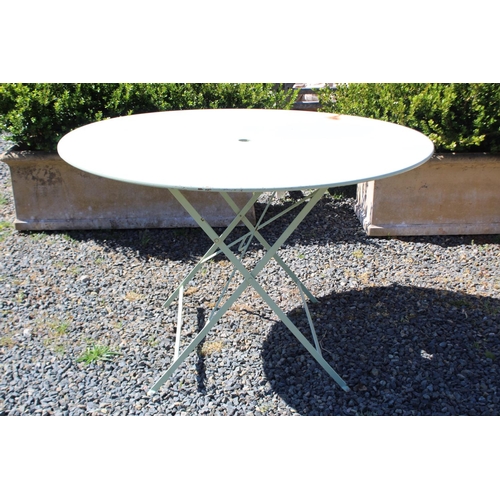 110 - Pale green painted large circular folding base garden table, approx 74cm H x 116.5cm dia