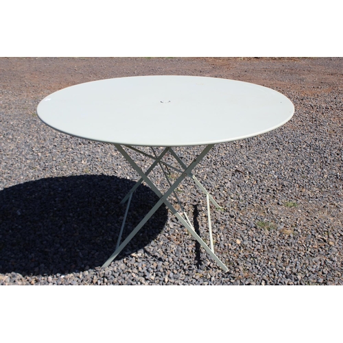 111 - Pale green painted large circular folding base garden table, approx 73cm H x 116.5cm dia