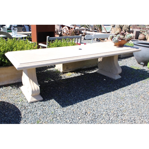 187 - Long faux stone twin pedestal support outdoor table, approx 270cm L x 100cm W