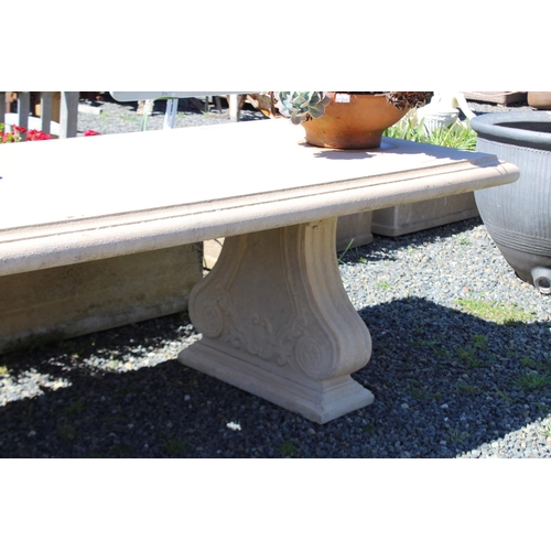 187 - Long faux stone twin pedestal support outdoor table, approx 270cm L x 100cm W